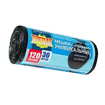 Мешки для мусора 120 л, с ушками, черные, в рулоне 30 шт., ПНД, 15 мкм, 1100х700 мм, Крепак, 4607075710375 в Чехове